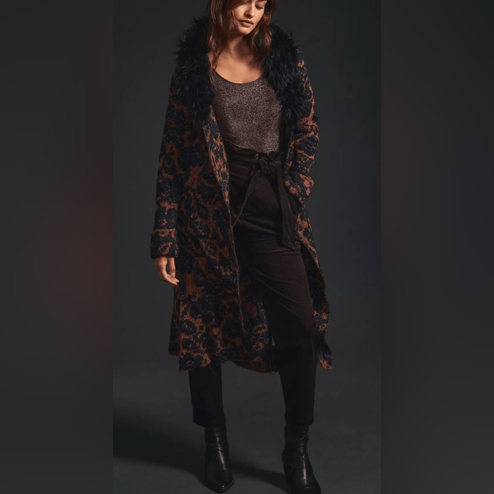Anthropologie Black and Brown Fuzzy-Trim Long Cardigan Coat - Picture 3 of 9